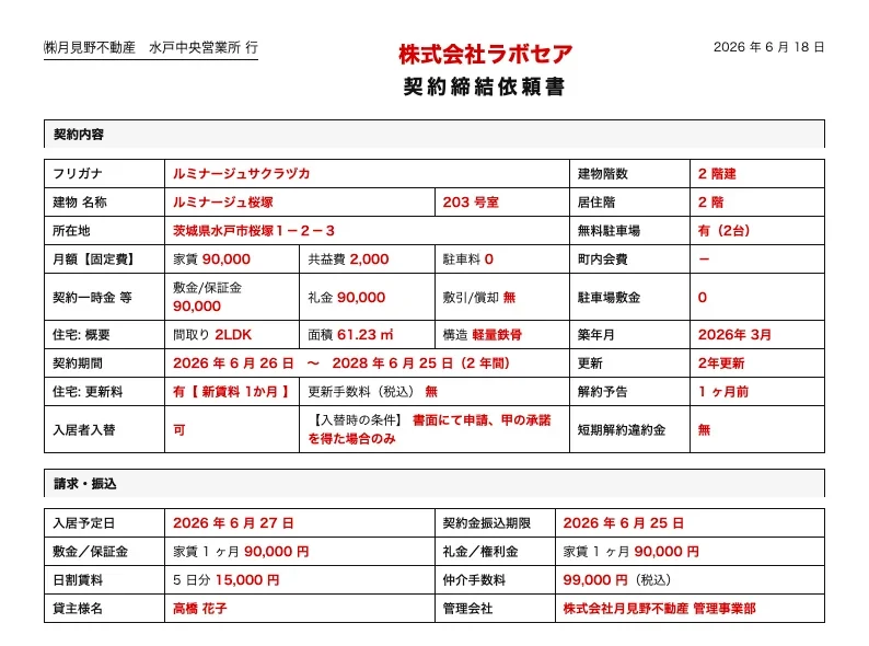 読み取った値(赤字)が流し込まれた契約締結依頼書のプレビュー